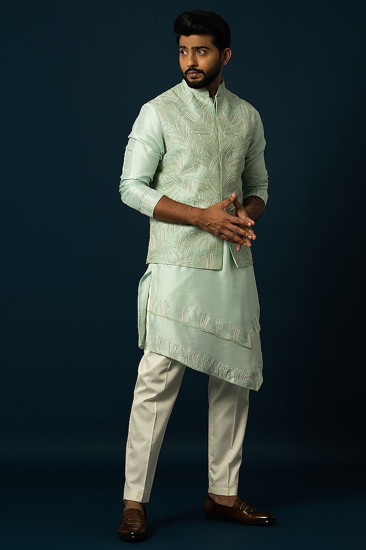 Light Green Bam Silk Jaal Work Nehru Jacket by YOSEBA at Pernia's Pop Up Shop