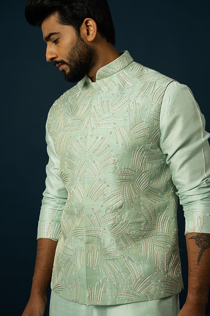 Light Green Bam Silk Jaal Work Nehru Jacket by YOSEBA at Pernia's Pop Up Shop