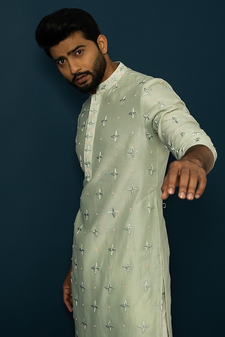 Mint Green Chanderi Silk Embroidered Kurta Set by YOSEBA at Pernia's Pop Up Shop