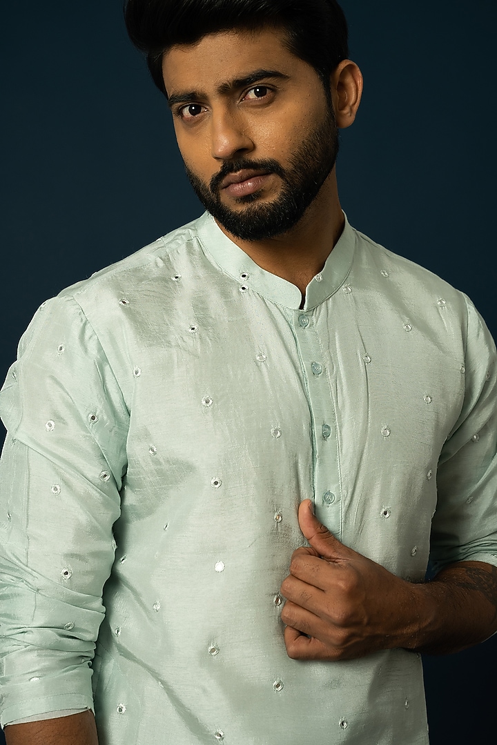 Light Blue Bam Silk Embroidered Kurta Set by YOSEBA at Pernia's Pop Up Shop