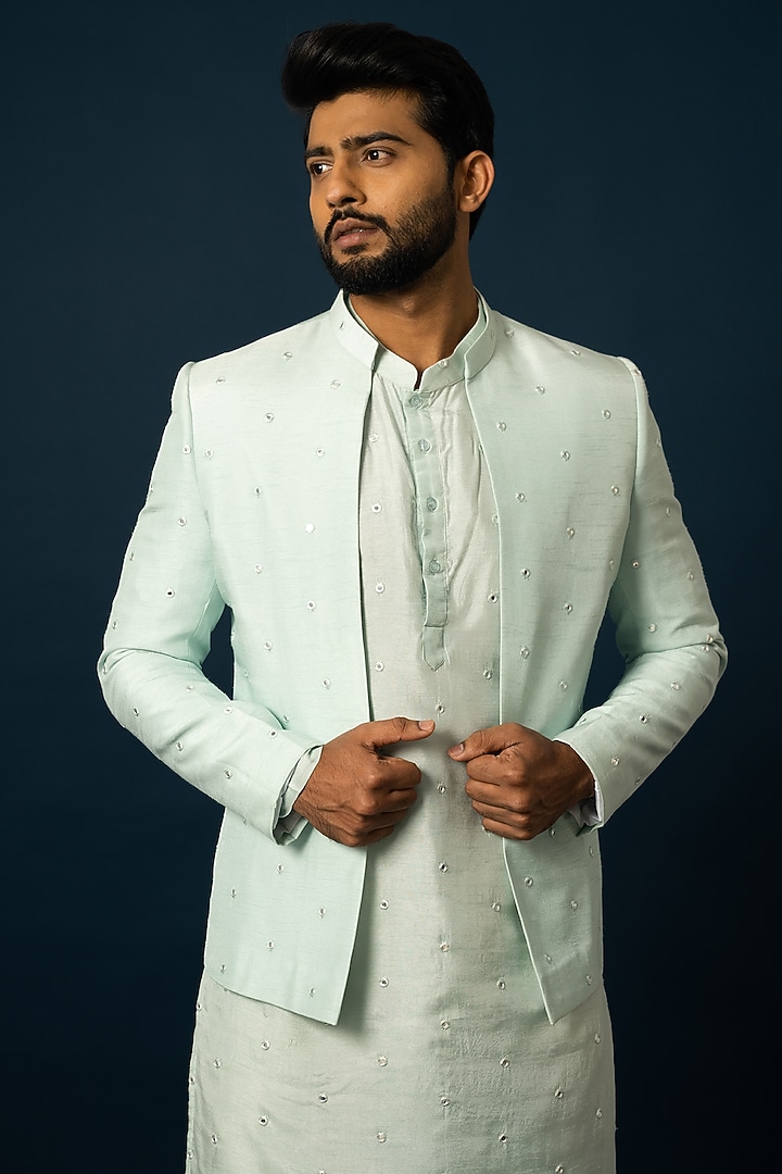 Light Blue Bam Silk Embroidered Wedding Indowestern Set by YOSEBA at Pernia's Pop Up Shop