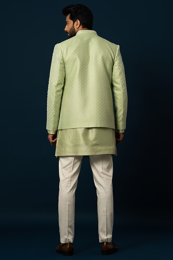 Green Bam Silk Embroidered Wedding Indowestern Set by YOSEBA at Pernia's Pop Up Shop