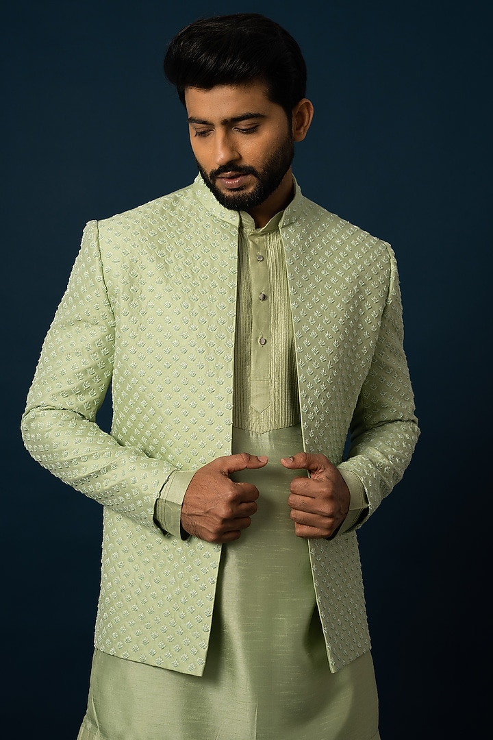 Green Bam Silk Embroidered Wedding Indowestern Set by YOSEBA at Pernia's Pop Up Shop