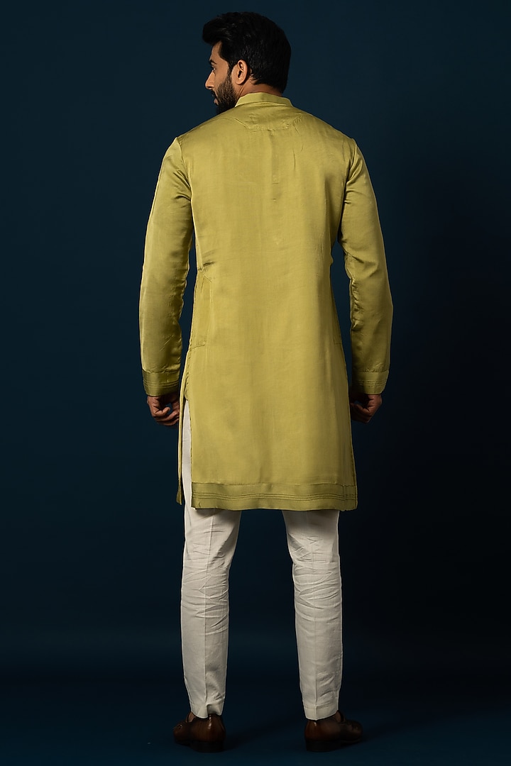 Green Linen Satin Kurta Set by YOSEBA at Pernia's Pop Up Shop
