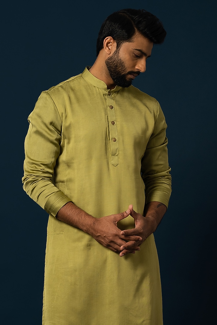 Green Linen Satin Kurta Set by YOSEBA at Pernia's Pop Up Shop