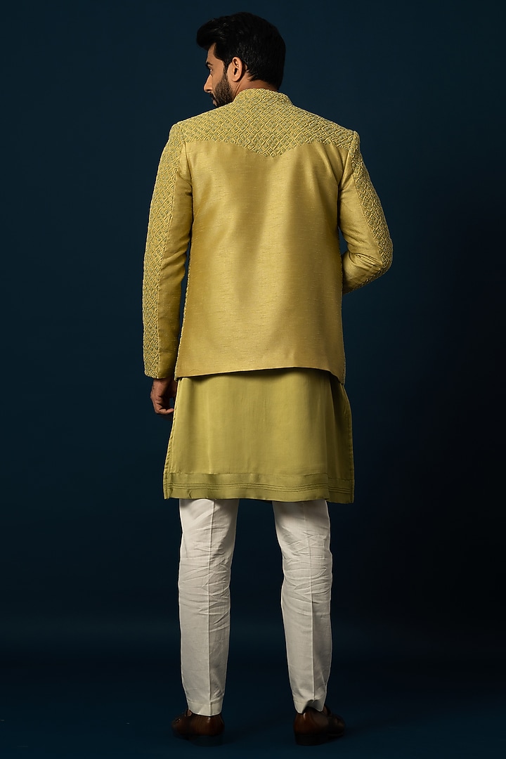 Green Bam Silk Wedding Indowestern Set by YOSEBA at Pernia's Pop Up Shop