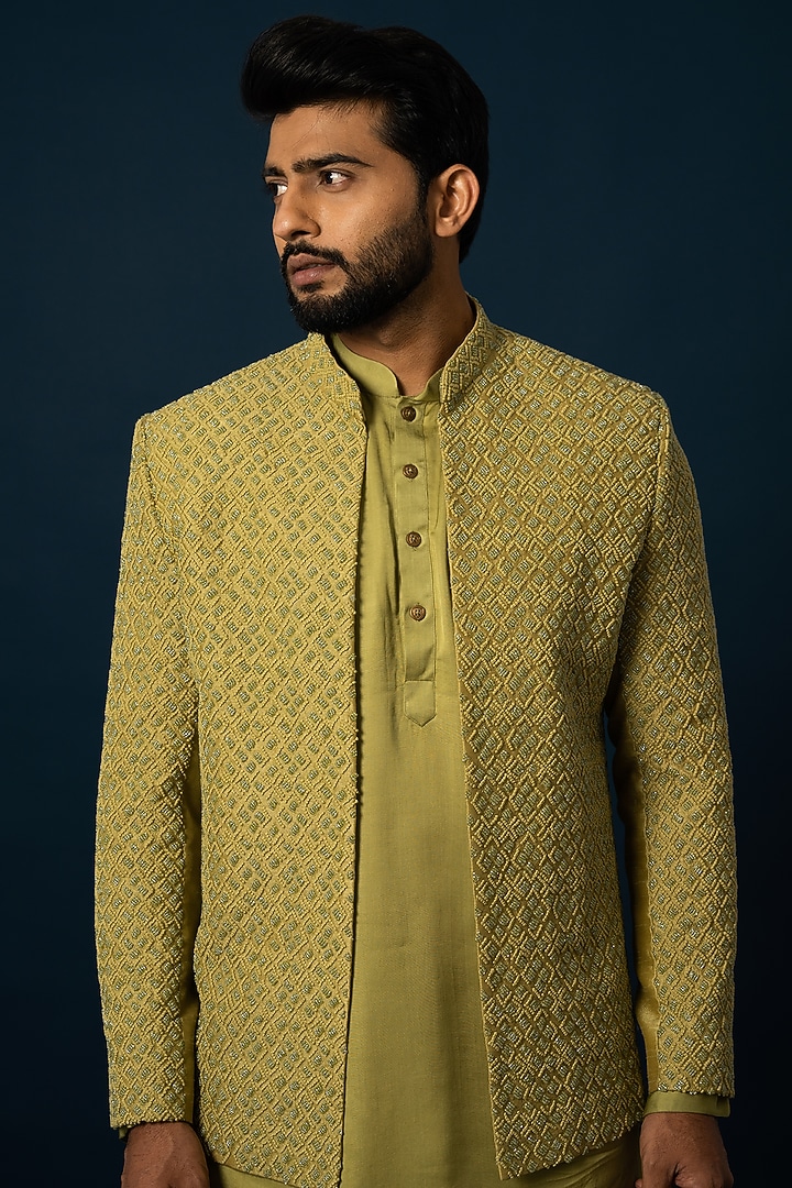 Green Bam Silk Wedding Indowestern Set by YOSEBA at Pernia's Pop Up Shop