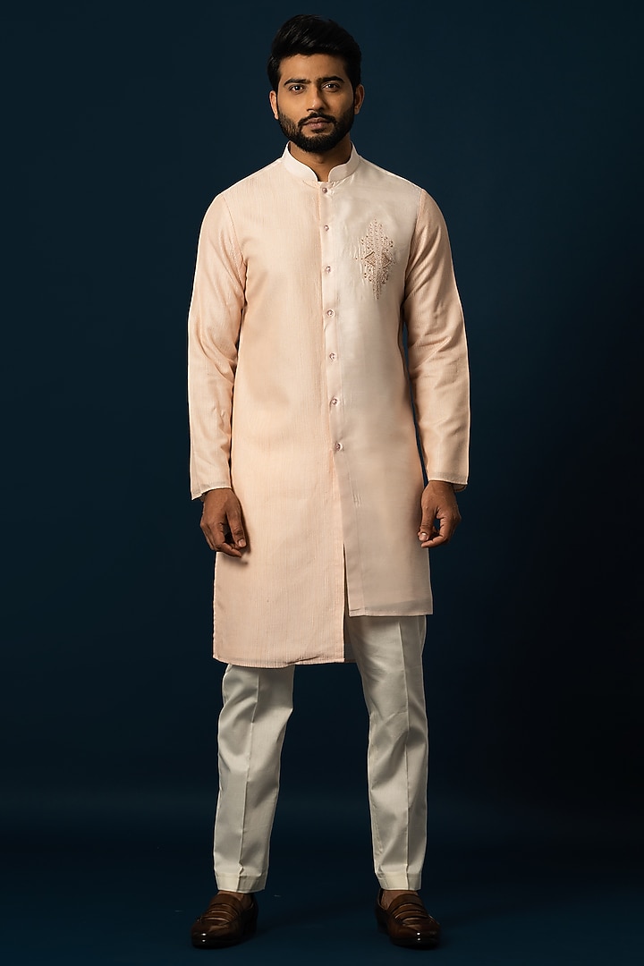 Peach Bam Silk Embroidered Kurta Set by YOSEBA at Pernia's Pop Up Shop