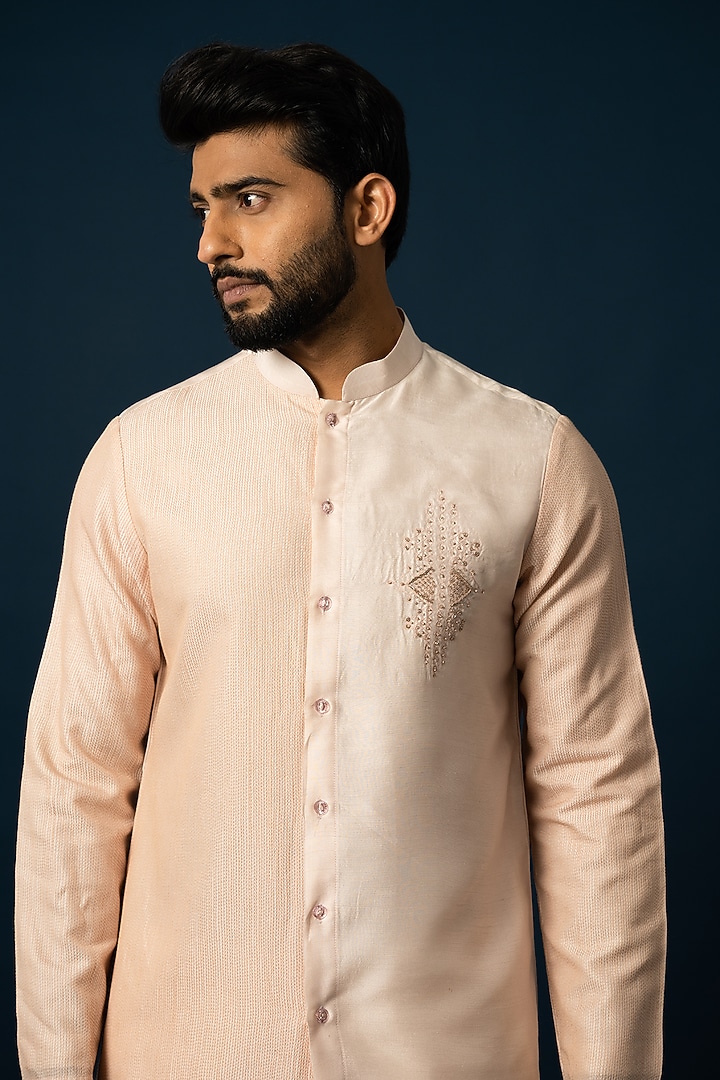 Peach Bam Silk Embroidered Kurta Set by YOSEBA at Pernia's Pop Up Shop