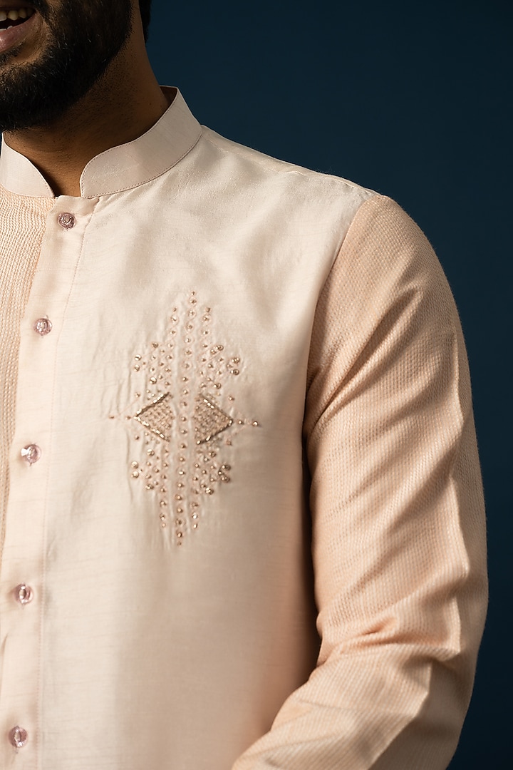 Peach Bam Silk Embroidered Kurta Set by YOSEBA at Pernia's Pop Up Shop