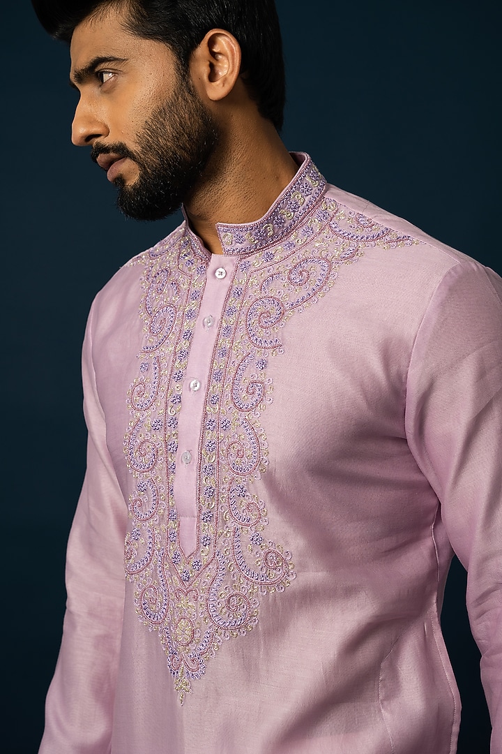 Lavender Chanderi Silk Embellished Kurta Set by YOSEBA at Pernia's Pop Up Shop