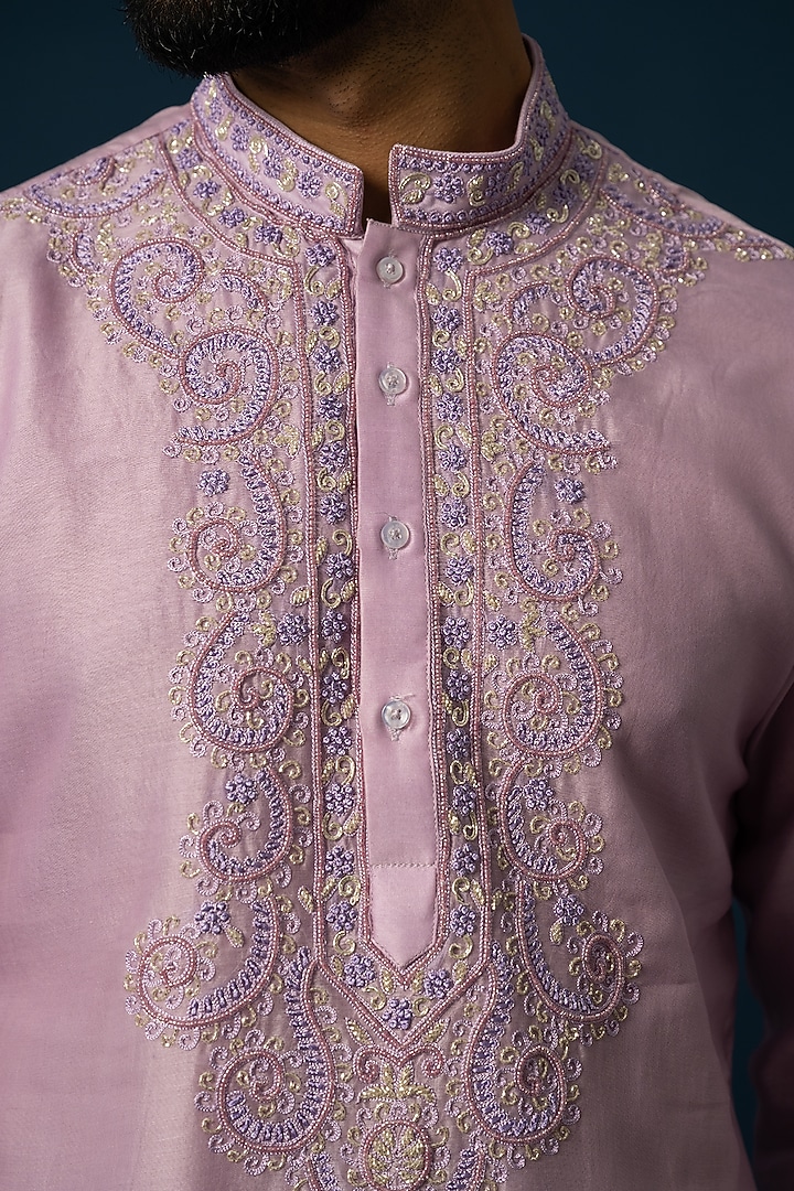 Lavender Chanderi Silk Embellished Kurta Set by YOSEBA at Pernia's Pop Up Shop