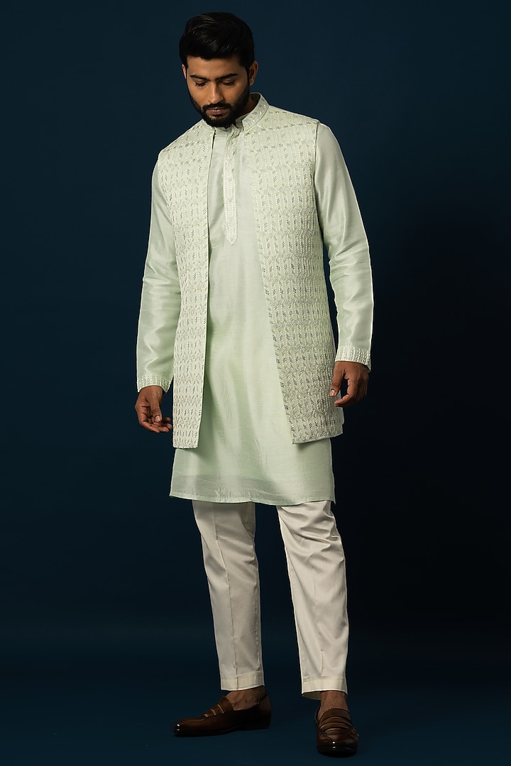 Light Green Bam Silk Embroidered Wedding Indowestern Set by YOSEBA at Pernia's Pop Up Shop