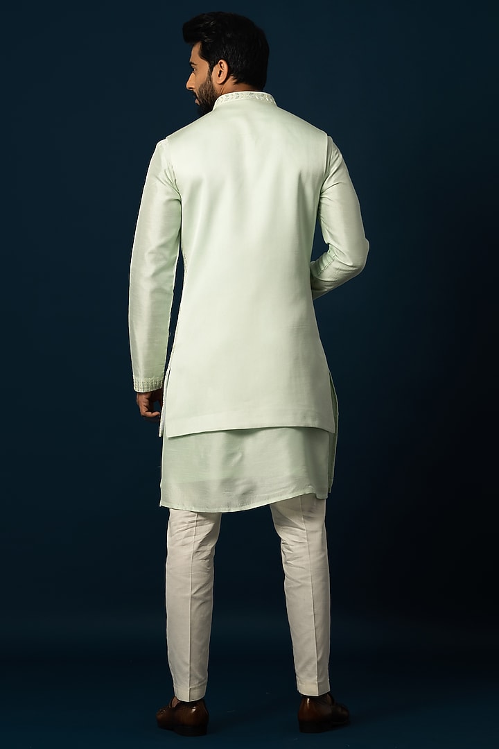 Light Green Bam Silk Embroidered Wedding Indowestern Set by YOSEBA at Pernia's Pop Up Shop
