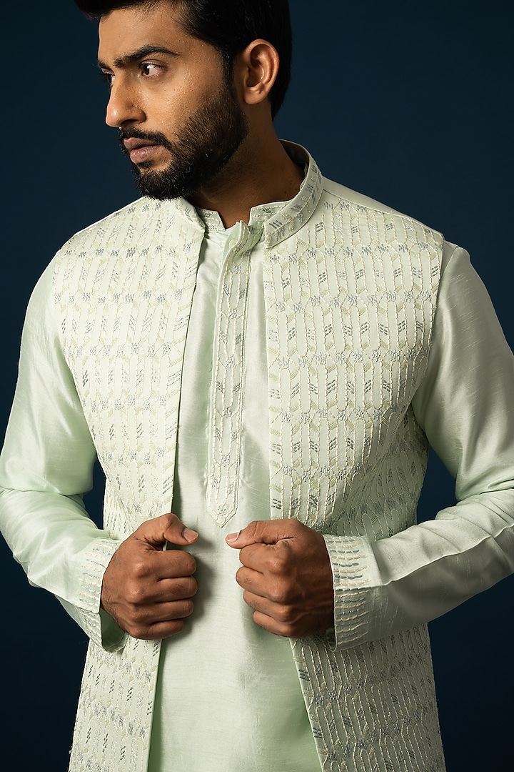 Light Green Bam Silk Embroidered Wedding Indowestern Set by YOSEBA at Pernia's Pop Up Shop