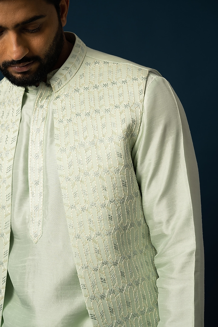 Light Green Bam Silk Embroidered Wedding Indowestern Set by YOSEBA at Pernia's Pop Up Shop