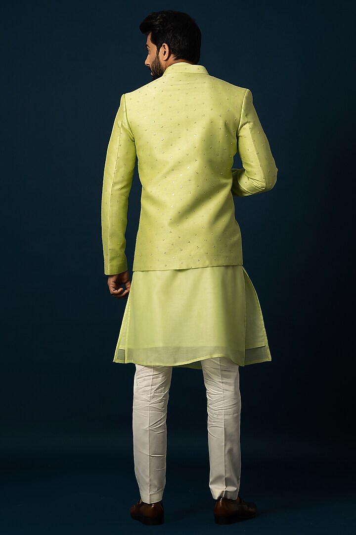 Parrot Green Bam Silk Wedding Indowestern Set by YOSEBA at Pernia's Pop Up Shop
