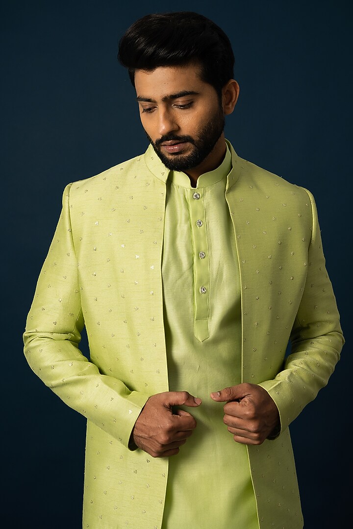 Parrot Green Bam Silk Wedding Indowestern Set by YOSEBA at Pernia's Pop Up Shop