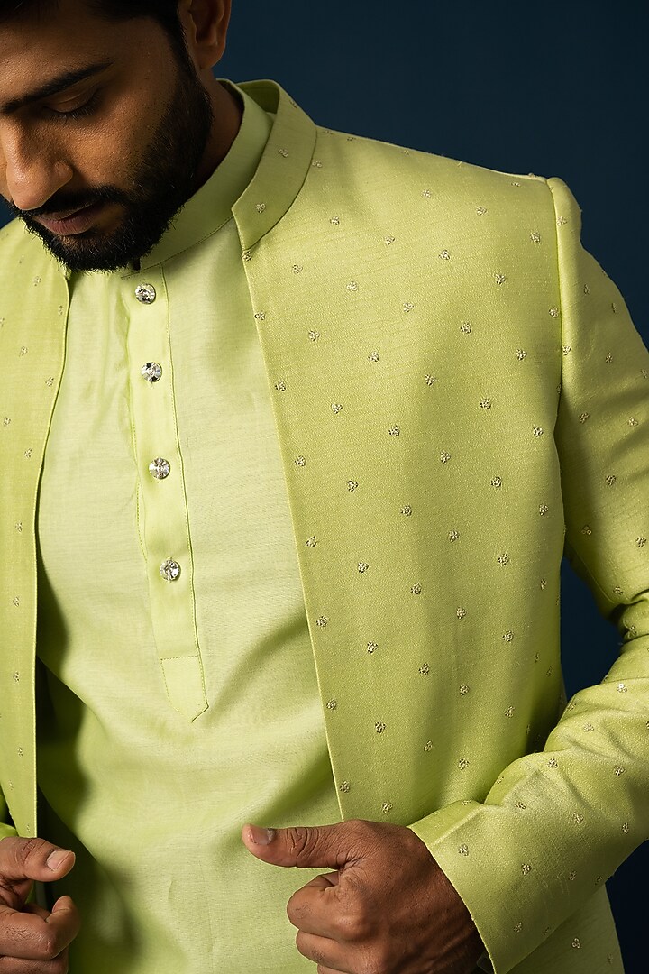 Parrot Green Bam Silk Wedding Indowestern Set by YOSEBA at Pernia's Pop Up Shop