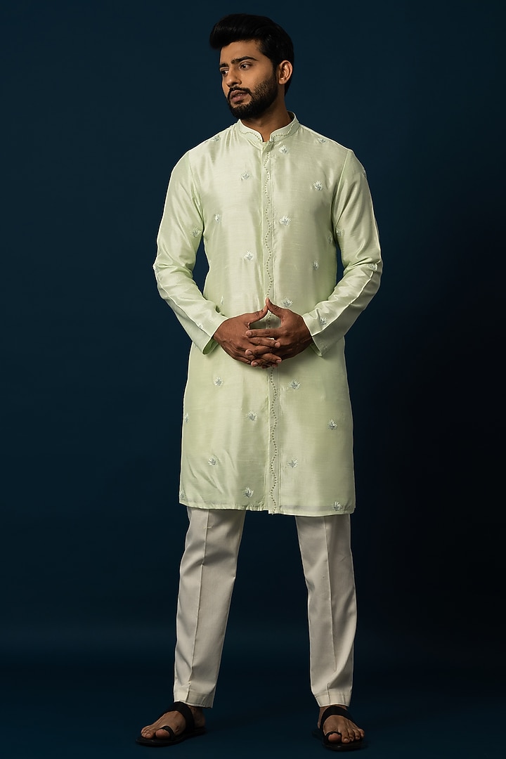 Light Green Bam Silk Embroidered Kurta Set by YOSEBA at Pernia's Pop Up Shop