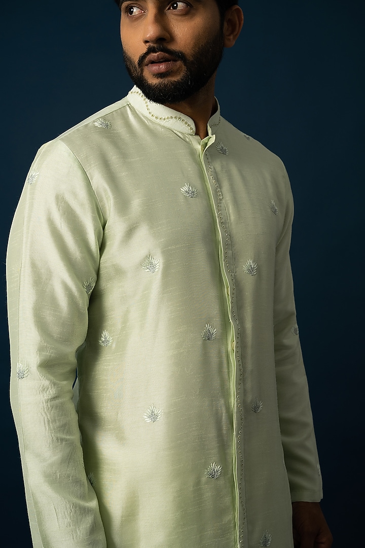 Light Green Bam Silk Embroidered Kurta Set by YOSEBA at Pernia's Pop Up Shop