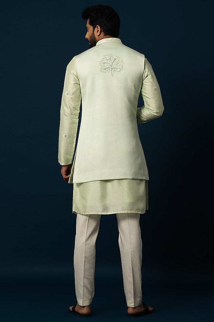 Light Green Linen Satin Embroidered Wedding Indowestern Set by YOSEBA at Pernia's Pop Up Shop