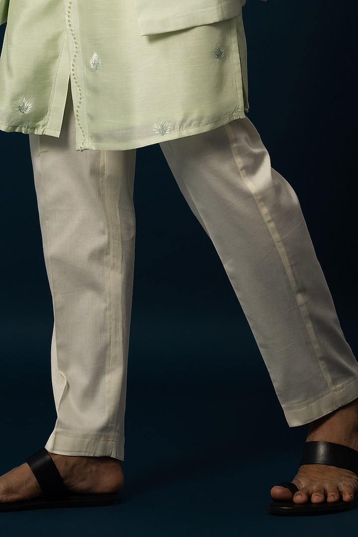 Light Green Linen Satin Embroidered Wedding Indowestern Set by YOSEBA at Pernia's Pop Up Shop