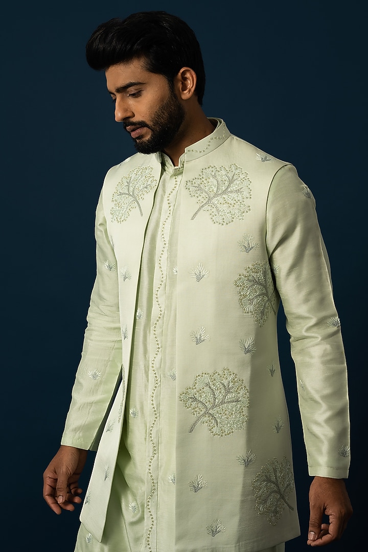 Light Green Linen Satin Embroidered Wedding Indowestern Set by YOSEBA at Pernia's Pop Up Shop