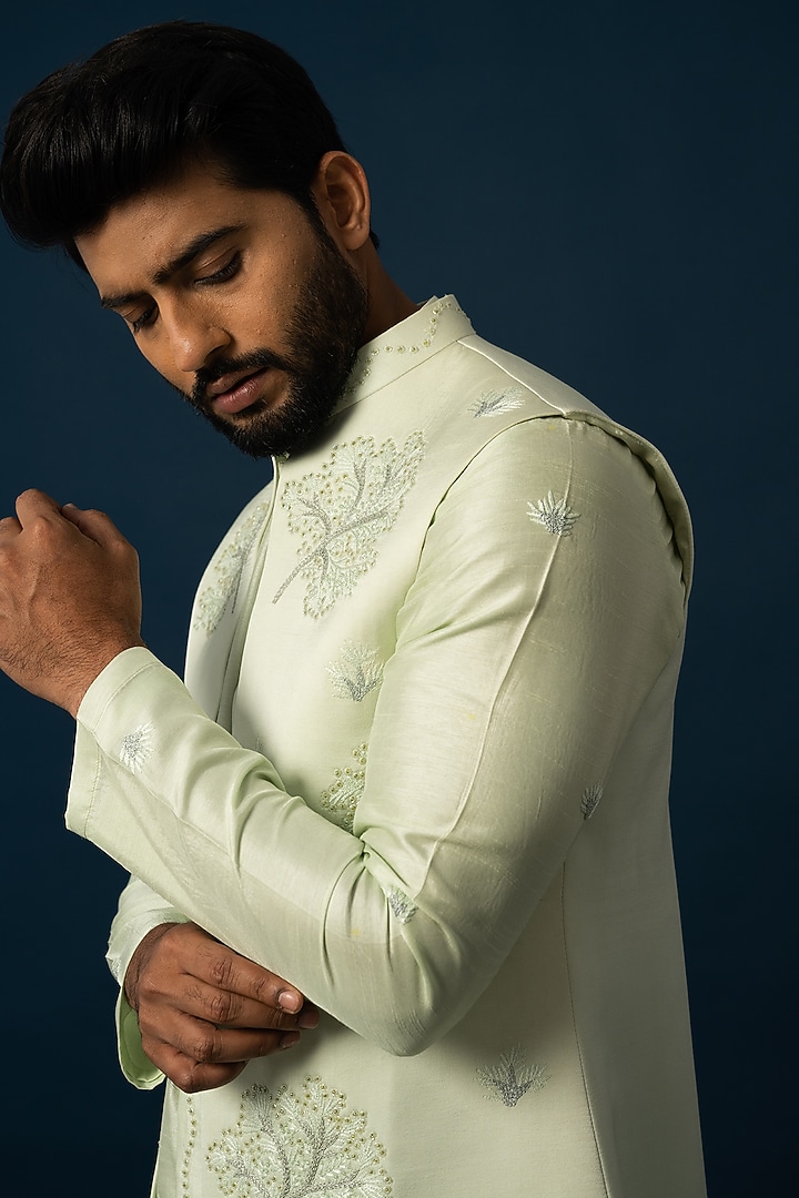 Light Green Linen Satin Embroidered Wedding Indowestern Set by YOSEBA at Pernia's Pop Up Shop
