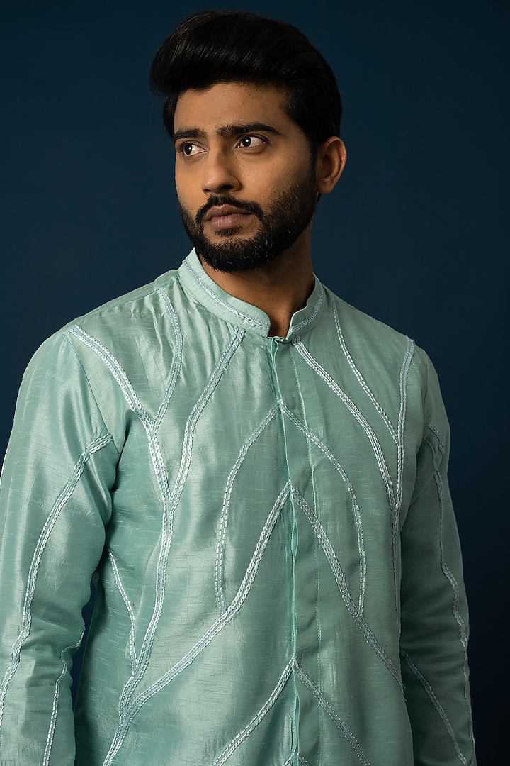 Sea Green Bam Silk Embroidered Kurta Set by YOSEBA at Pernia's Pop Up Shop