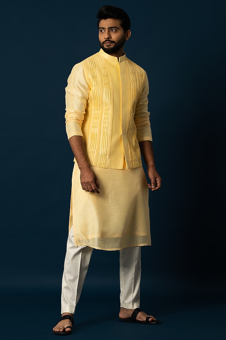 Powder Yellow Bam Silk Nehru Jacket Set by YOSEBA at Pernia's Pop Up Shop