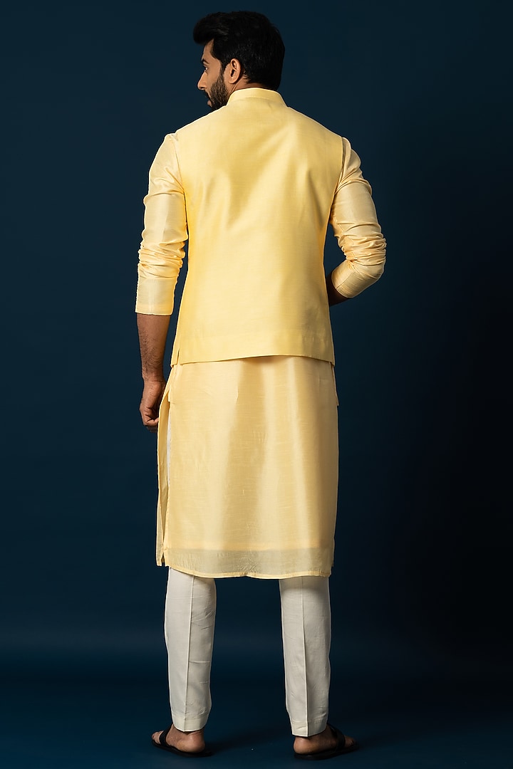 Powder Yellow Bam Silk Nehru Jacket Set by YOSEBA at Pernia's Pop Up Shop