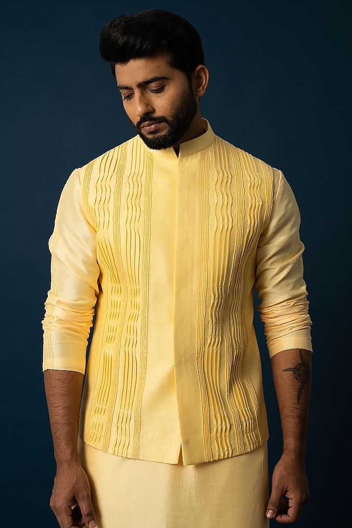 Powder Yellow Bam Silk Nehru Jacket Set by YOSEBA at Pernia's Pop Up Shop