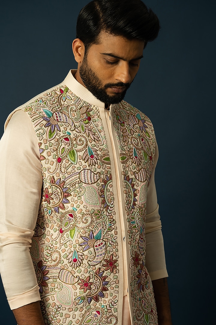 Multi-Colored Linen Satin Embroidered Nehru Jacket by YOSEBA at Pernia's Pop Up Shop