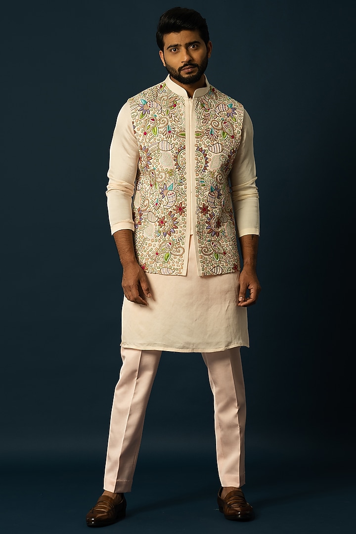 Multi-Colored Linen Satin Embroidered Nehru Jacket by YOSEBA at Pernia's Pop Up Shop