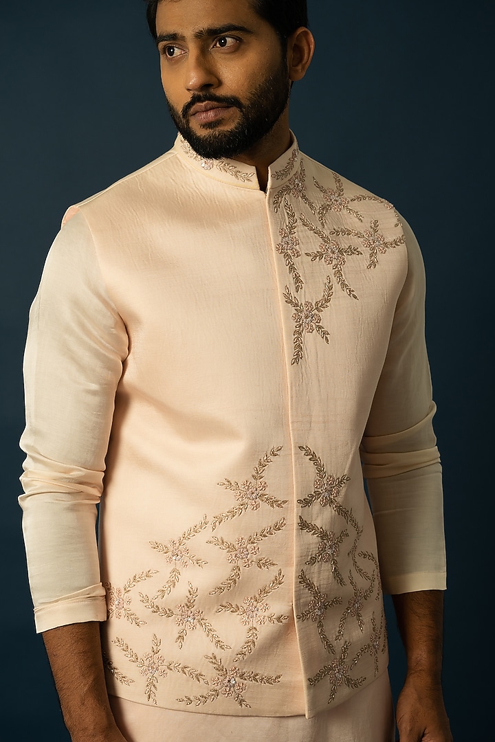 Blush Pink Linen Satin Embroidered Nehru Jacket Set by YOSEBA at Pernia's Pop Up Shop