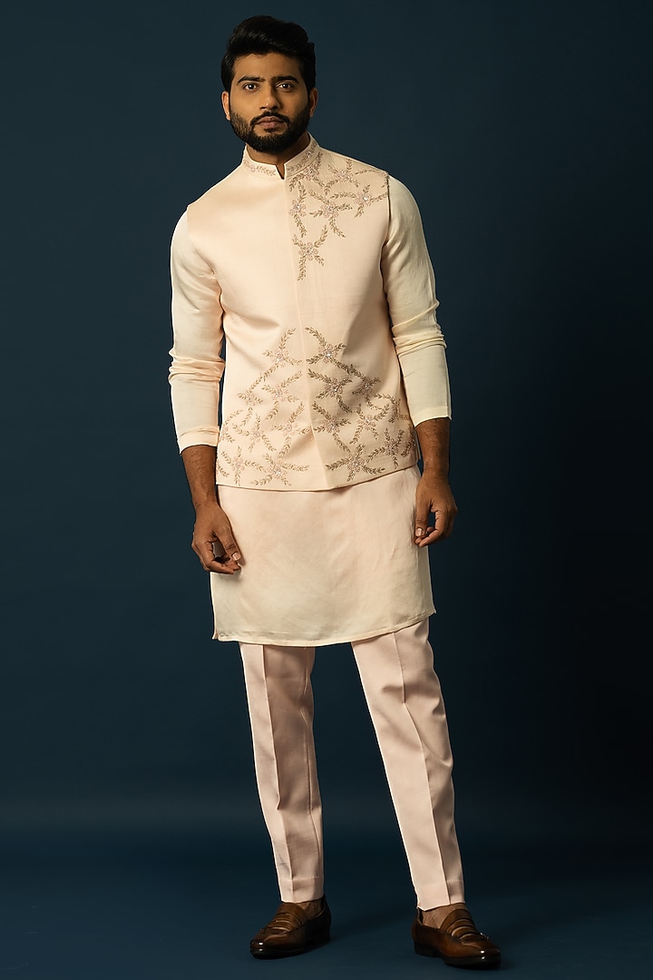 Blush Pink Linen Satin Embroidered Nehru Jacket by YOSEBA at Pernia's Pop Up Shop