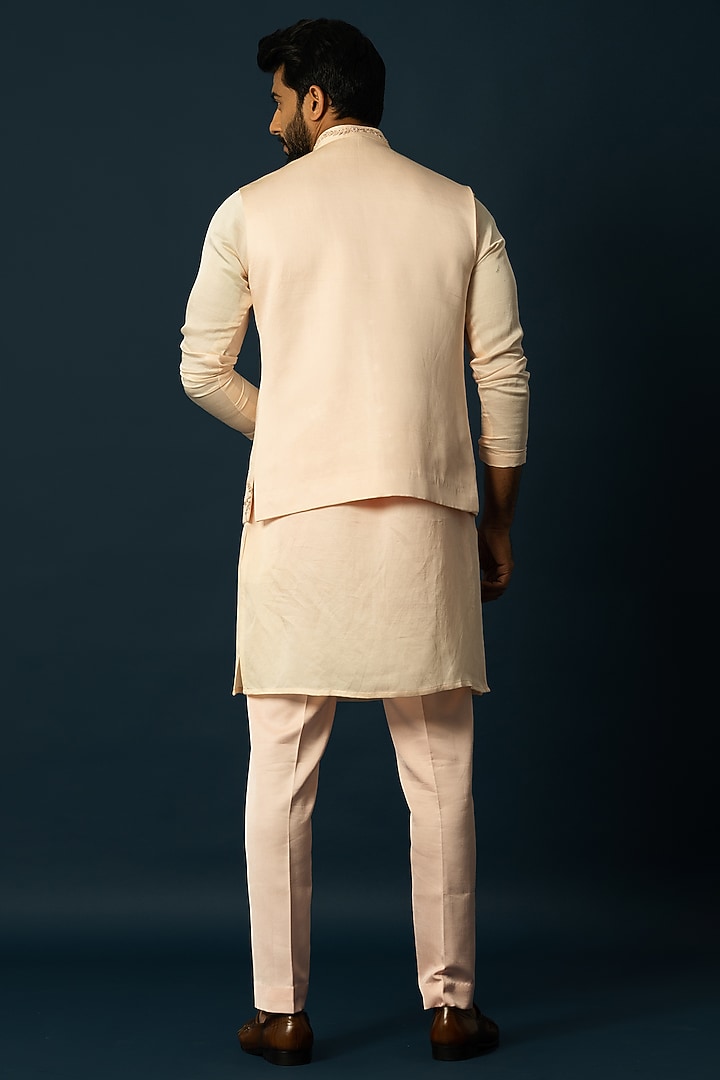 Blush Pink Linen Satin Embroidered Nehru Jacket by YOSEBA at Pernia's Pop Up Shop