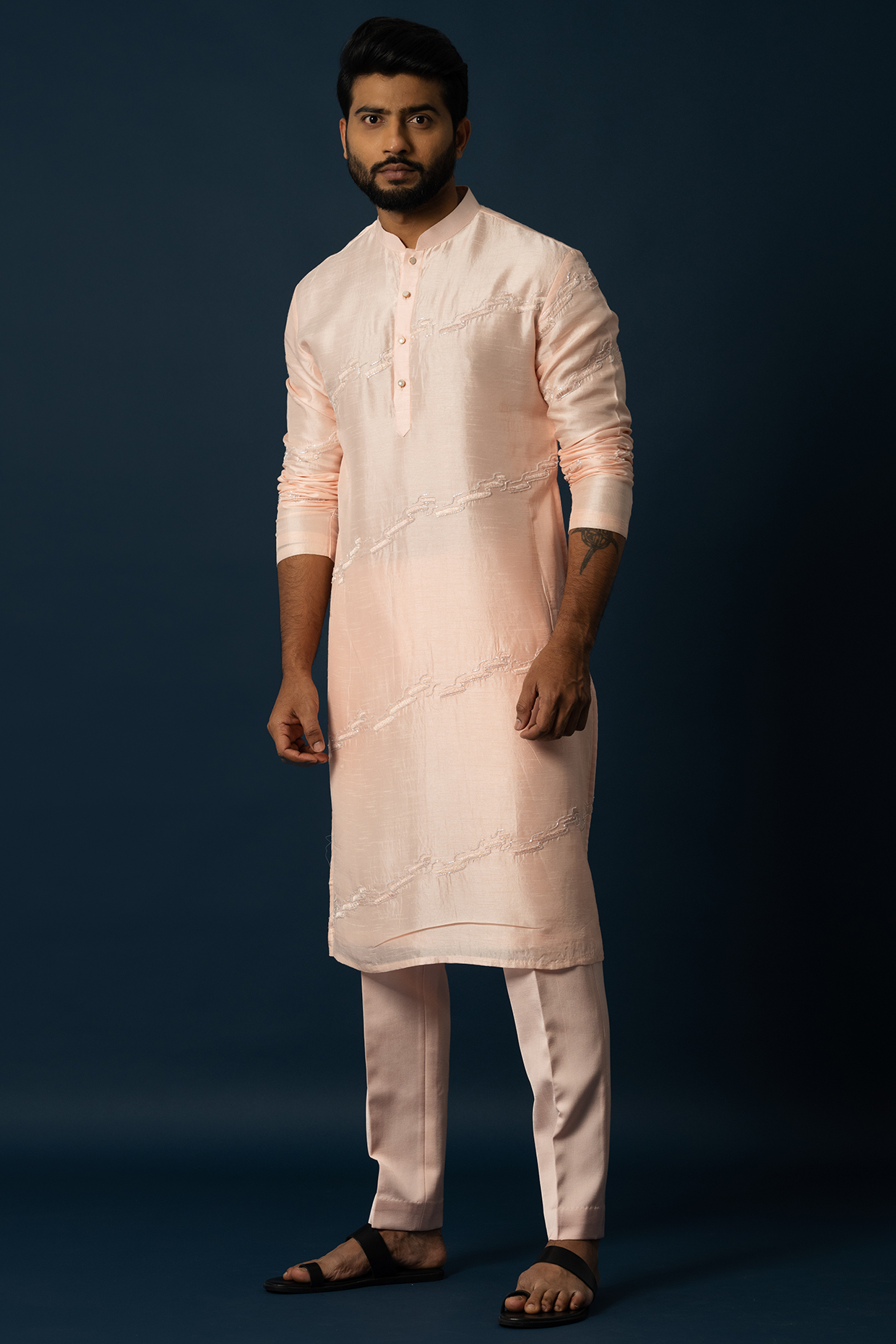 Peach Bam Silk Kurta Set by YOSEBA at Pernia's Pop Up Shop