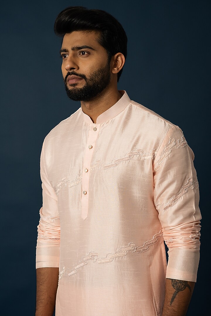 Peach Bam Silk Kurta Set by YOSEBA at Pernia's Pop Up Shop