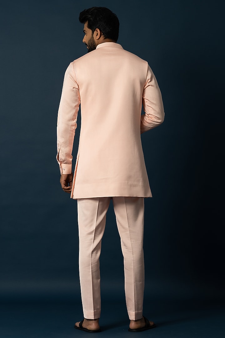 Peach Linen Satin Embroidered Wedding Indowestern Set by YOSEBA at Pernia's Pop Up Shop