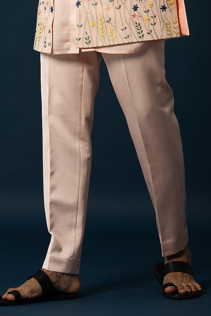 Peach Linen Satin Embroidered Wedding Indowestern Set by YOSEBA at Pernia's Pop Up Shop