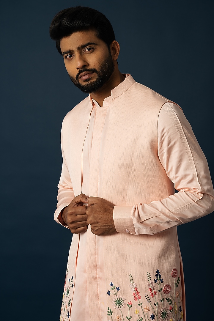 Peach Linen Satin Embroidered Wedding Indowestern Set by YOSEBA at Pernia's Pop Up Shop