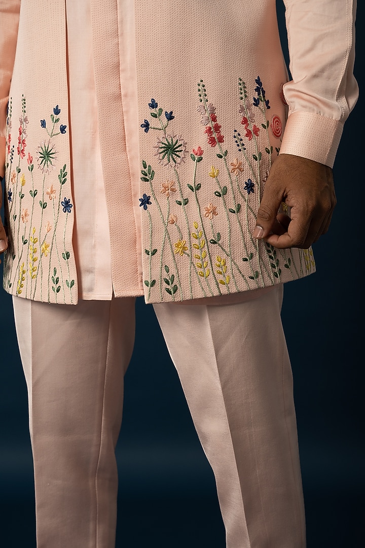 Peach Linen Satin Embroidered Wedding Indowestern Set by YOSEBA at Pernia's Pop Up Shop
