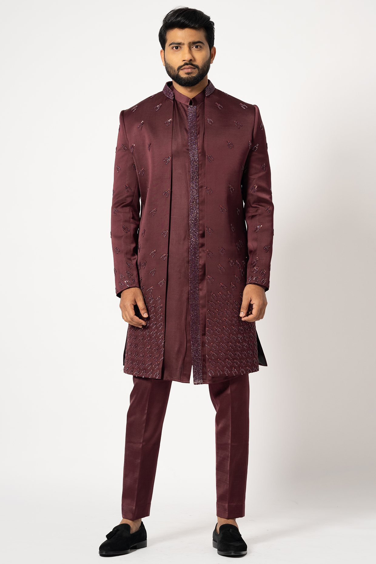 Dark Wine Linen Satin Embroidered Wedding Indowestern Set by YOSEBA at Pernia's Pop Up Shop