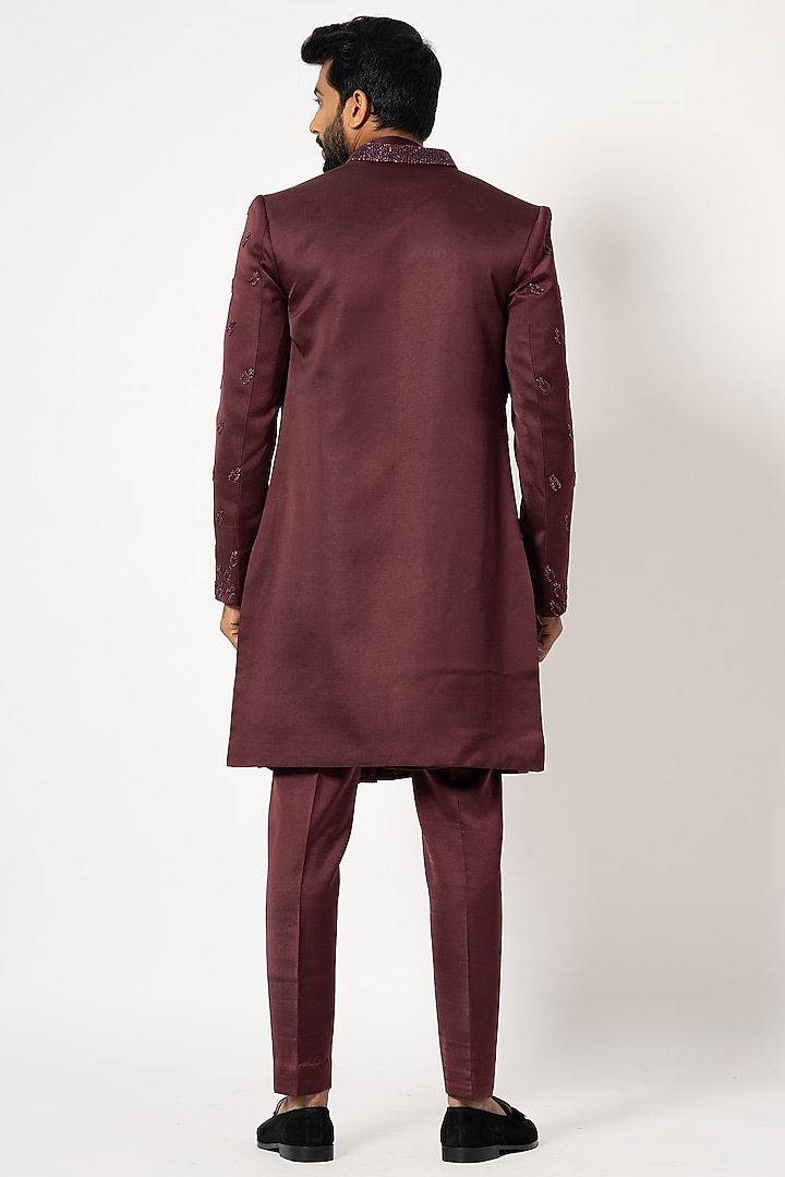 Dark Wine Linen Satin Embroidered Wedding Indowestern Set by YOSEBA at Pernia's Pop Up Shop