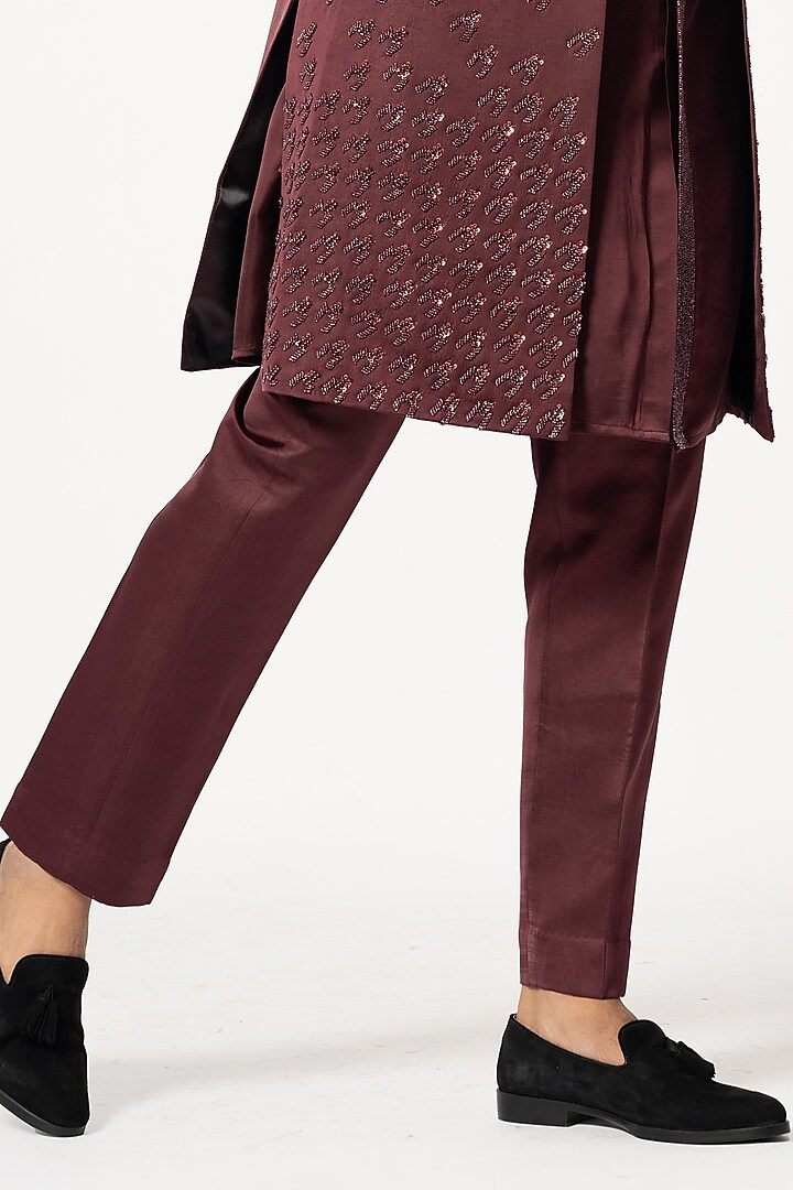 Dark Wine Linen Satin Embroidered Wedding Indowestern Set by YOSEBA at Pernia's Pop Up Shop