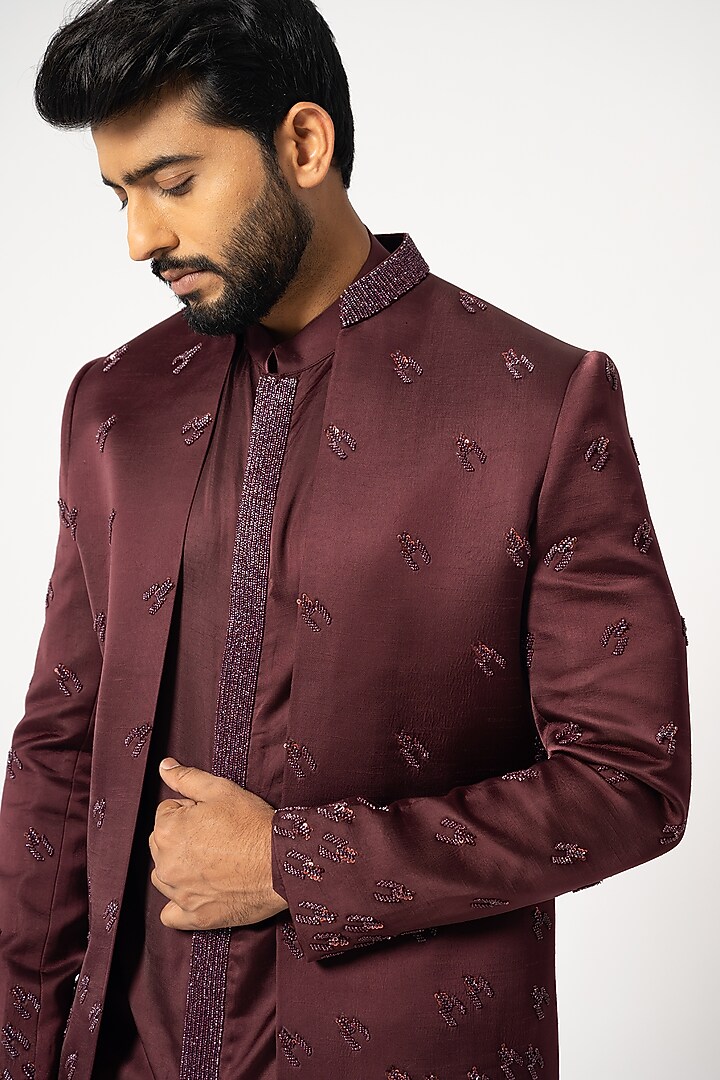 Dark Wine Linen Satin Embroidered Wedding Indowestern Set by YOSEBA at Pernia's Pop Up Shop