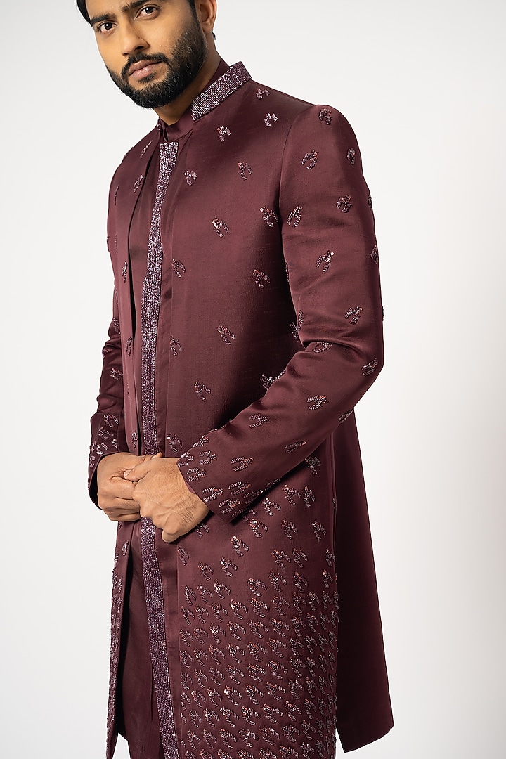 Dark Wine Linen Satin Embroidered Wedding Indowestern Set by YOSEBA at Pernia's Pop Up Shop