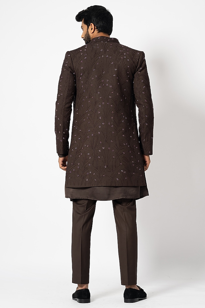 Chocolate Brown Suiting Embroidered Wedding Indowestern Set by YOSEBA at Pernia's Pop Up Shop